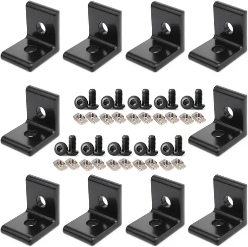 Vista 17 de 10 juegos de perfiles de extrusión de aluminio de la serie 2020, soportes en L de ángulo recto negro con tuercas y pernos de ranura en T M5