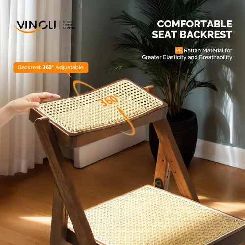 Vista 4 de VINGLI Silla de comedor de ratán, silla plegable de madera con respaldo giratorio de 360°, marco de madera de caucho y asiento y respaldo tejidos