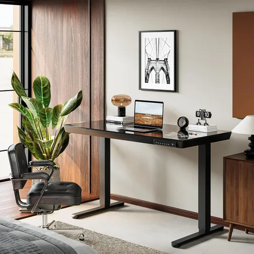Vista 2 de CubiCubi Escritorio eléctrico de pie con cajones de 48 × 24, escritorio de cristal de altura ajustable de una pieza, escritorio de pie ajustable