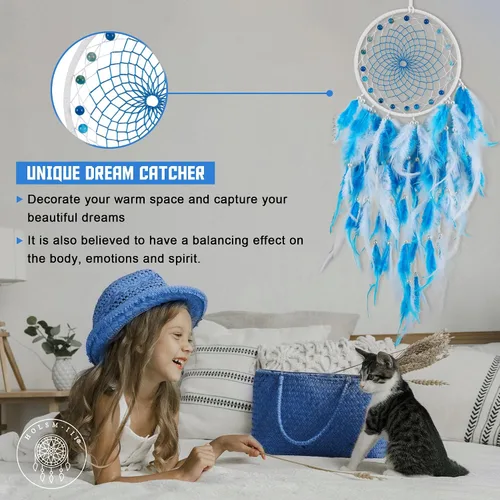 Vista 3 de Blue Dream Catchers - Plumas de pollo con perla de cristal, atrapasueños hecho a mano para dormitorio, atrapasueños para niñas, atrapasueños