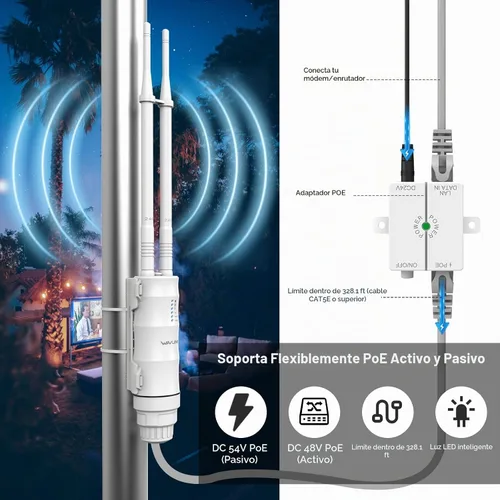 Vista 4 de WAVLINK AC1200 Extensor WiFi de largo alcance para exteriores/punto de acceso inalámbrico con POE activo/pasivo, puerto WAN/LAN, IP67 impermeable