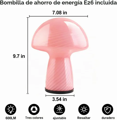 Vista 7 de Lámpara de hongo NOTOC, lámpara de mesa de vidrio regulable, lámpara de mesa estilo vintage, lámpara de escritorio y mesita de noche de rayas rosas