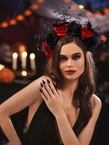 Vista 7 de Woeoe Diadema de Halloween FLower con diseño de araña, Día de los Muertos, diseño floral, para disfraz de murciélago y fiesta para mujeres y niñas