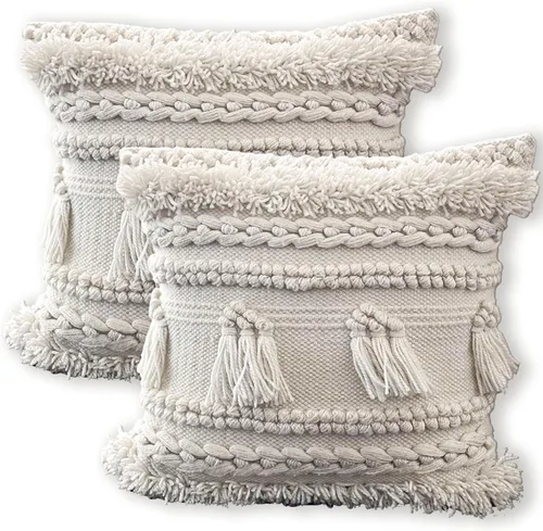 Vista 8 de Chardin home Malibu Boho - Funda de almohada decorativa tejida a mano (juego de 2). Fundas de almohada cuadradas tejidas de algodón suave y cálido