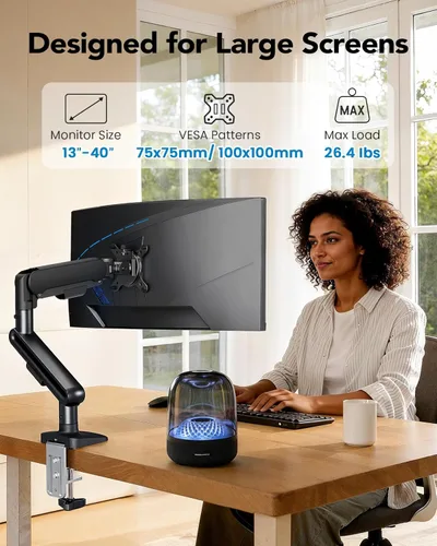 Vista 2 de HUANUO Brazo de monitor ultraancho para pantallas de 13 a 40 pulgadas, soporte para monitor individual con capacidad para hasta 26.4 libras, soporte