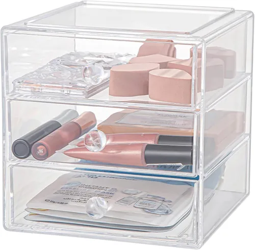 Vista 7 de AJIODA Caja organizadora de cajones de maquillaje con 3 cajones, vitrina de acrílico para cosméticos, organizador de tocador, caja de almacenamiento