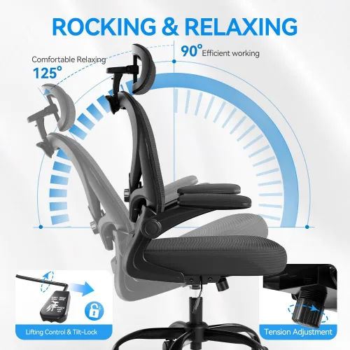 Vista 5 de Freepub Silla de oficina ergonómica con reposacabezas 3D, silla de escritorio de oficina de malla con soporte lumbar ajustable, silla de computadora