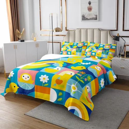 Vista 3 de Juego de colcha acolchada de lindo pollito, naranja y amarillo, diseño de flores de retazos, huevos de Pascua azules, tamaño individual, flores
