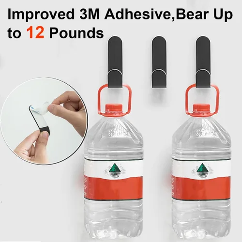 Vista 2 de Ganchos adhesivos, 12 piezas, resistentes, sostienen hasta 12 libras, colgador de pared de acero inoxidable negro, gancho adhesivo para colgar