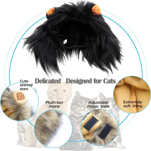 Vista 4 de Peluca para disfraz de gatos y perros Lion Mane, ajustable, lavable y cómoda, ropa de perro para Halloween, Navidad o Pascua , m, Gris