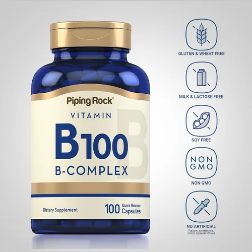 Vista 4 de Piping Rock Complejo de vitamina B-100 100 cápsulas Vitaminas B12, B1, B2, B6 Suplemento sin OMG, sin gluten