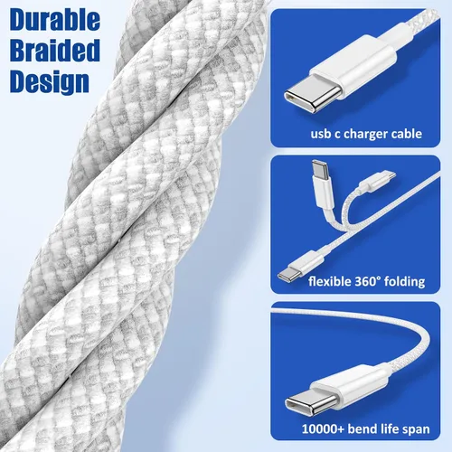 Vista 3 de Cable de carga USB C a C, paquete de 4 [3+6+6+10 pies] cable de carga rápida trenzado de nailon, cable de alimentación de 60 W tipo C para iPhone 17
