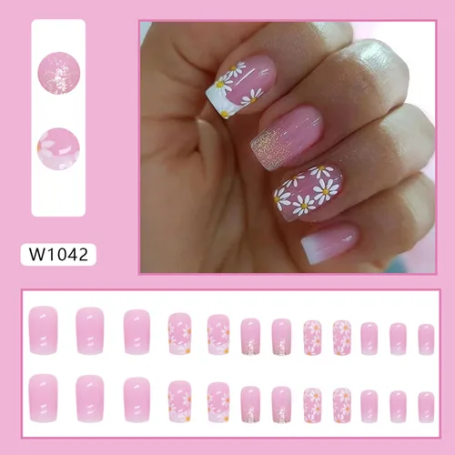 Vista 2 de Uñas postizas a presión con punta francesa de flores blancas, uñas postizas cuadradas de longitud media, uñas postizas con degradado rosa con diseño