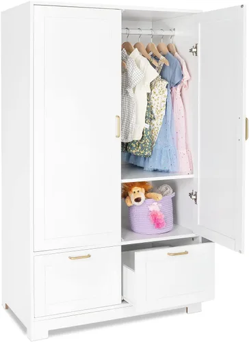 Vista 16 de VINGLI Armario Ropero Estriado con Puertas y Cajones, Gabinete Armario Blanco con Barra para Colgar, Armario de Madera para Dormitorio, Armario