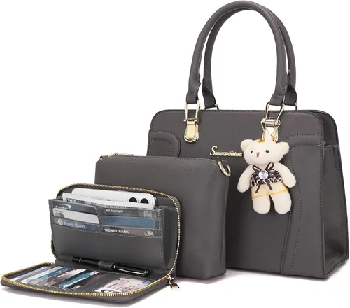Vista 10 de Soperwillton Monederos para mujer, bolso cruzado de hombro, asa superior, bolsa de mano, cartera, juego de 3 piezas beige/marrón