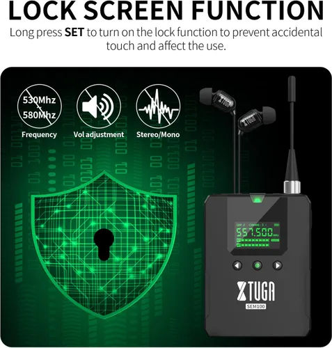 Vista 7 de XTUGA Sem100 in Sistema de monitor de oído estéreo inalámbrico 1 Bodypacks recargables Monitoreo UHF con Bluetooth Select Wireless en auriculares