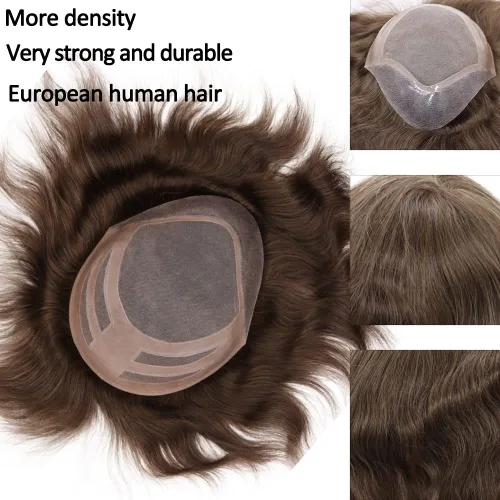 Vista 2 de Sistema de reemplazo de cabello humano para hombre, tupé para hombre, piel fina con parte superior de encaje mono y la parte trasera de poliuretano