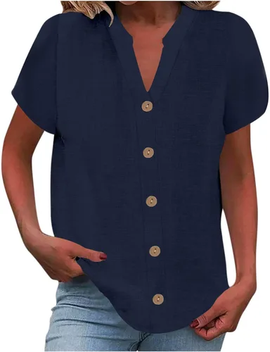 Vista 21 de Camisetas de verano para mujer, de manga corta, pétalos, de lino, con bolsillo, casual, con botones, blusas básicas