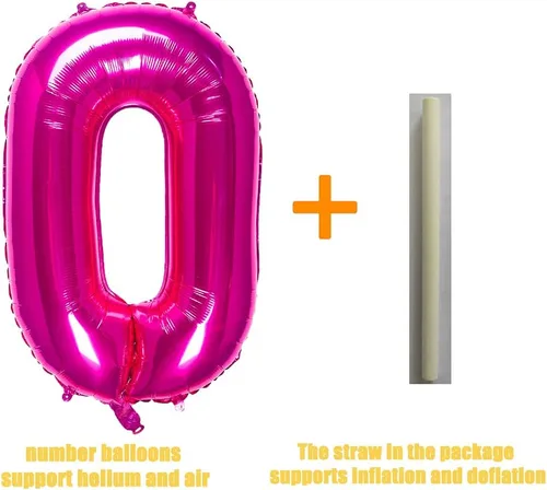 Vista 4 de Globos de aluminio de 32 pulgadas color rosa con el número 0, suministros de decoración de fiesta de cumpleaños (globo rosa número 0)