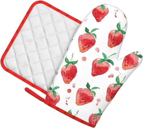 Vista 5 de Manoplas de horno de fresa, juegos de soportes para ollas de fresa, almohadillas calientes resistentes a la cocina con guantes de barbacoa