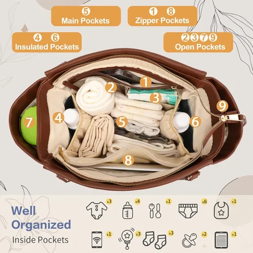 Vista 9 de miss fong Mochila para pañales de bebé, bolsa de pañales de cuero, bolsa de pañales con cambiador, correas para cochecito y 2 bolsillos aislados