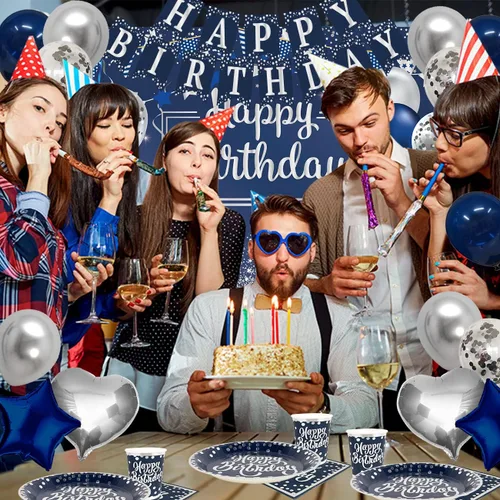 Vista 6 de Suministros para fiesta de cumpleaños de color azul marino y plateado para 25 invitados, incluye platos, tazas y servilletas, globos azul marino