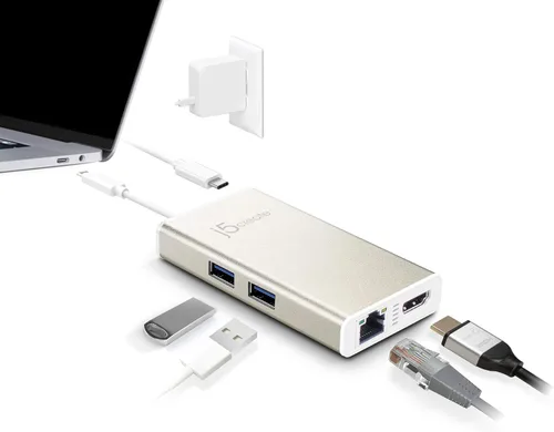 Vista 4 de j5create Estación de acoplamiento multiadaptador USB C Hub con HDMI 4K, 2 puertos USB 3.1 SuperSpeed, Ethernet, Power Delivery 2.0 (JCA374)
