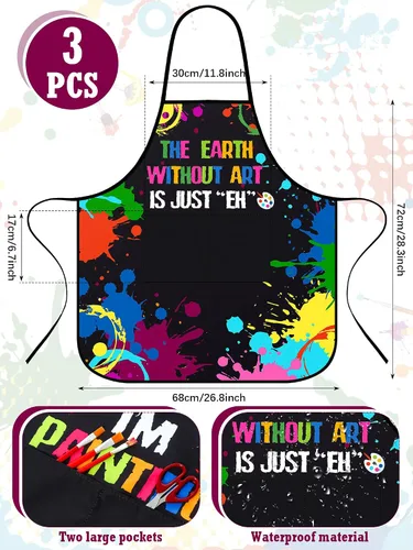 Vista 2 de 3 piezas delantal de artista de pintura con 2 bolsillos, colorido impermeable, delantales ajustables para pintores, delantales de arte, regalo