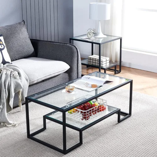 Vista 11 de Mesa de centro de cristal de metal negro, mesa de centro simple para sala de estar, hogar, mesa de centro con marco de metal con 2 estantes, mesa