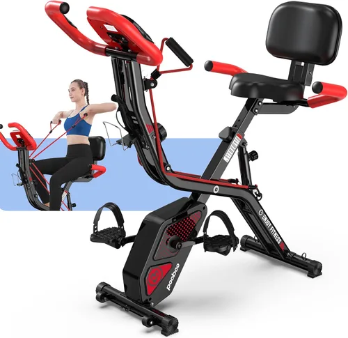 Vista 12 de pooboo - Bicicleta de ejercicio plegable, bicicleta estática vertical plegable, bicicleta magnética para interiores X-Bike con resistencia ajustable