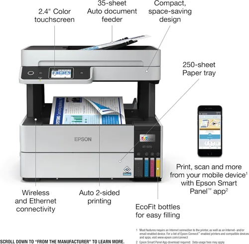 Vista 5 de Epson EcoTank Pro ET-5170 Impresora inalámbrica a color todo en uno Supertank con escáner, copiadora, alimentador automático de documentos para fax