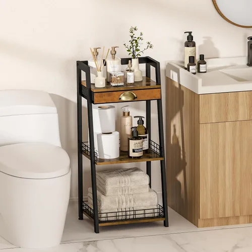 Vista 2 de keomaisyto Estantes de baño de 3 niveles con cajón de lona, estante de almacenamiento de baño, estante de almacenamiento pequeño, estante