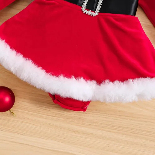 Vista 6 de Vestido de Navidad para niña pequeña, vestido de tul de princesa roja de Papá Noel con diadema