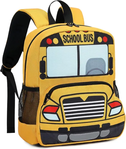 Vista 7 de Mochila infantil para niños y niñas, bolsas de preescolar 3D de dibujos animados para guardería, amarillo, (Yellow Bus), Mochila para niños pequeños