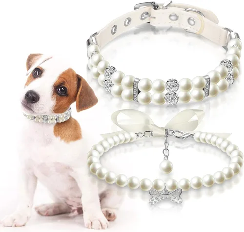 Vista 8 de Hicarer 2 Piezas Collares de Perlas Pequeños para Perros y Gatos y Juego de Collar de Perlas con Collar de Cuero PU Lindo para Mascotas con Cristal