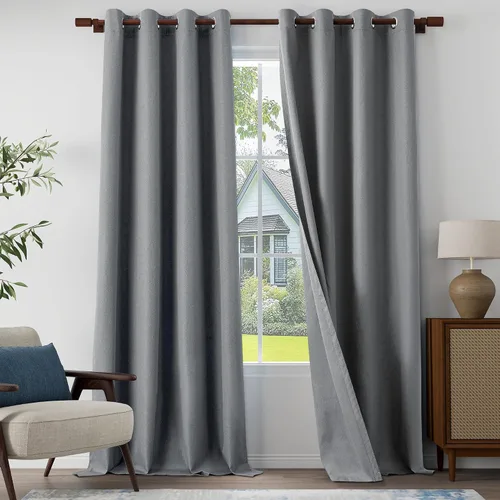 Vista 20 de Cortinas texturizadas de lino 100% opacas de 64 pulgadas de largo, juego de 2 paneles para granja, casa de campo, cortinas ligeras con ojales