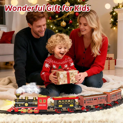 Vista 5 de Juego de tren eléctrico para niños, juguetes de tren de Navidad con humo, luz y sonido, pistas de tren de construcción de bricolaje debajo del árbol