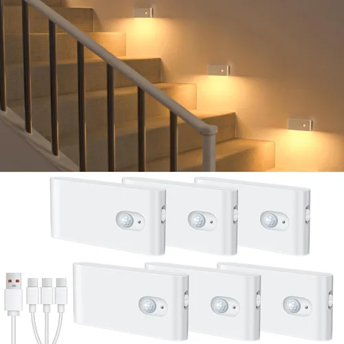 Vista 11 de WILLED Luz nocturna recargable, luces inalámbricas para escaleras para interiores, luz blanca cálida con sensor de movimiento para interiores, se