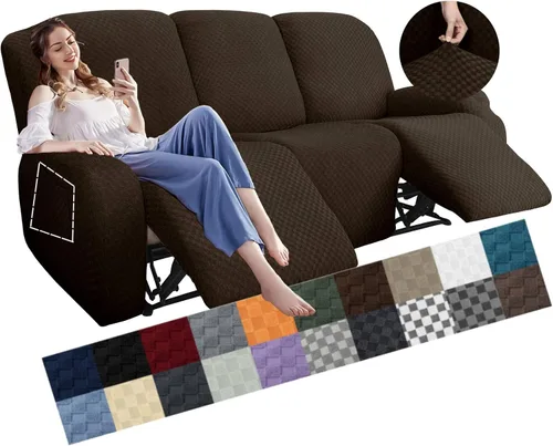 Vista 48 de YEMYHOM Funda elástica de 4 piezas para silla reclinable de jacquard con bolsillo lateral, antideslizante, ajustable, protector de muebles con parte