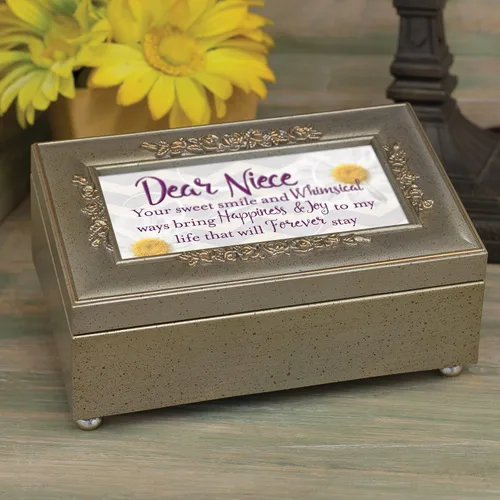Vista 6 de Cottage Garden Caja de música pequeña con diseño de rosa en relieve en tono plateado con texto en relieve de sobrina Sweet Smile Bring Joy Plays You