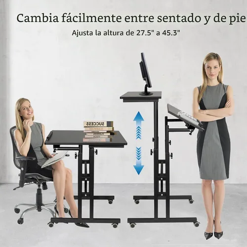 Vista 5 de Hadulcet Escritorio móvil de pie con estación de carga, escritorio ajustable para computadora de pie, carrito ajustable para laptop con ruedas