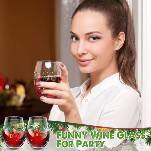 Vista 7 de 2 copas de vino sin tallo, taza divertida de 17 onzas con texto en inglés «Merry Christmas & New Year» – Regalos para mujeres, hombres, mamá, papá