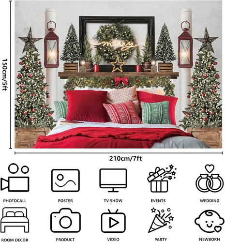 Vista 4 de MEHOFOND Cabecera de Navidad roja de 7 x 5 pies, telón de fondo de cama para niños, retrato de fotografía de invierno, vacaciones de invierno