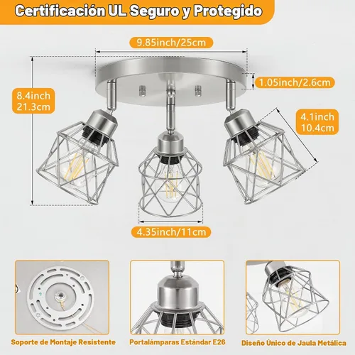 Vista 2 de Baocuz Lámpara de techo semiempotrada de níquel cepillado de 3 luces, luminarias de cocina ajustables montaje al techo base E26, luces de techo