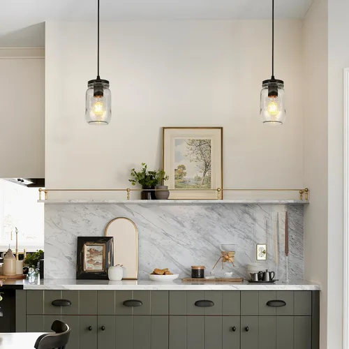 Vista 8 de Luces colgantes de cristal para isla de cocina, 1 luz negra colgante con pantalla de vidrio, lámpara colgante de tarro de masón