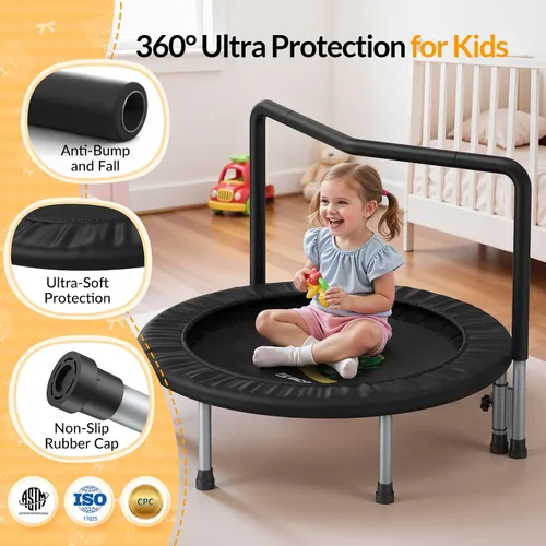 Vista 4 de BCAN SP1 36'' Kids Toddler Trampoline Indoor, Foam Handle FED Fitness Negro