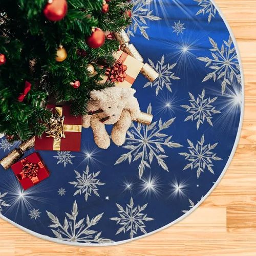 Vista 5 de Falda de árbol de fondo de copos de nieve azul de Navidad, tapete de árbol de temporada, suministros de fiesta, adornos para interiores