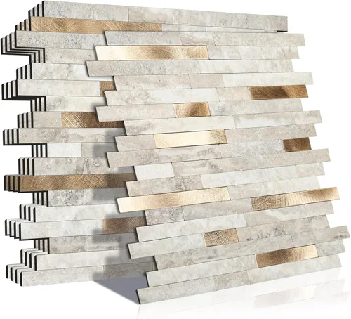 Vista 9 de KASARO - Azulejos de 1 hoja para pelar y pegar para salpicaduras de cocina, mármol beige con rayas doradas antiguas, azulejo autoadhesivo