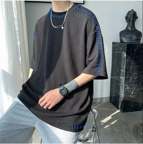 Vista 7 de LLLY Camisetas de verano para hombre de costura manual, camiseta de manga corta de gran tamaño, ropa de calle, para hombres y mujeres, camisetas