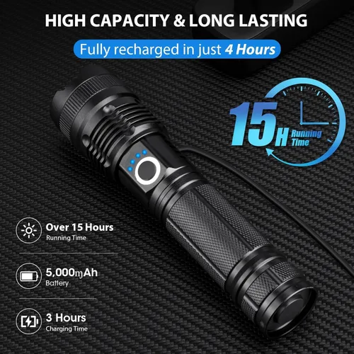 Vista 3 de Paquete de 3 linternas recargables de alto lúmenes, 990,000 lúmenes, linternas LED superbrillantes con enfoque ajustable, 5 modos, IPX7 impermeable